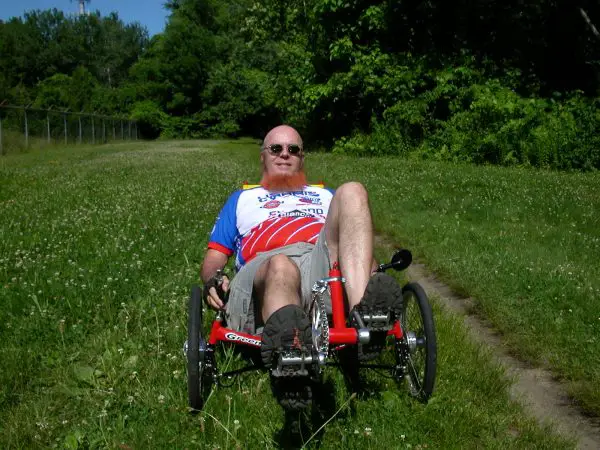 Sheldon Brown takes his Greenspeed tricycle off-road