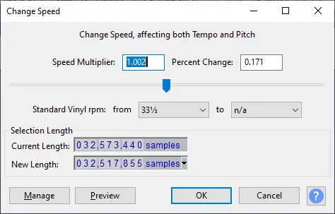 Change speed dialog box in the Audacity audio editor.
