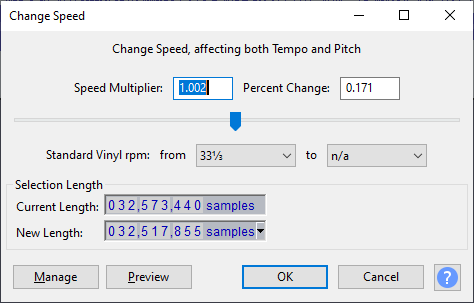 Change speed dialog box in the Audacity audio editor.