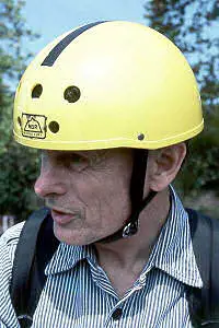 MSR helmet, 1974 (Helmet wearer is Milt Raymond, Boston-area utility cyclist and inventor.)
